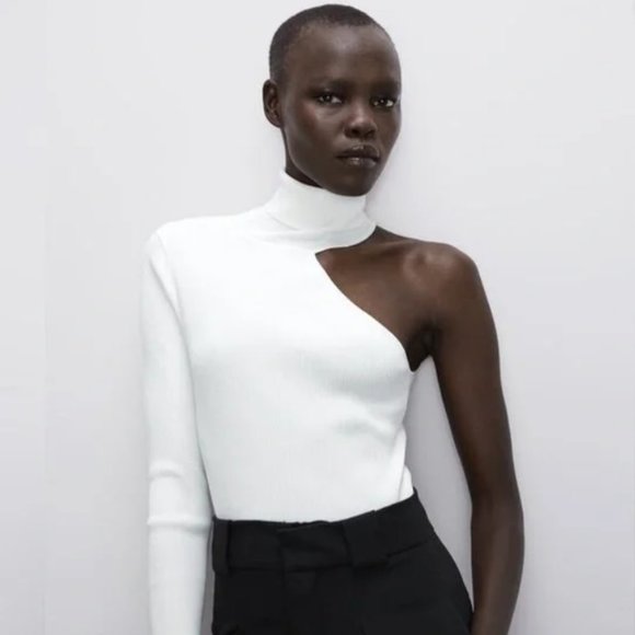 Zara One Shoulder White Ribbed Turtleneck Sweater Crop Size L - Picture 2 of 5